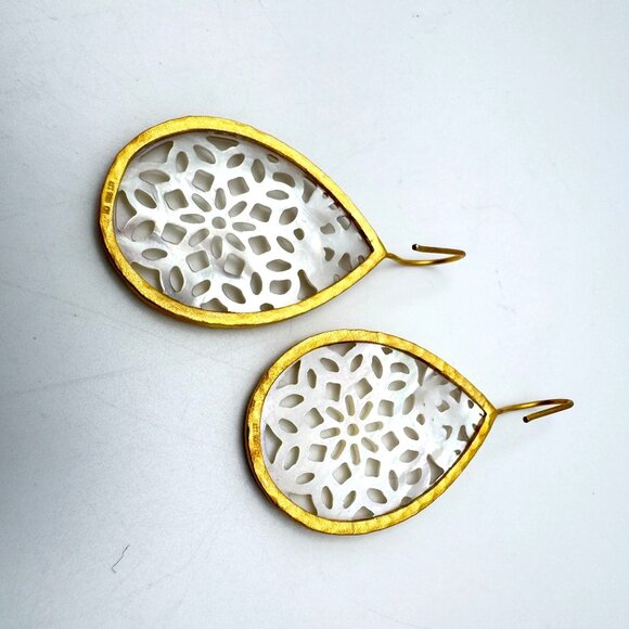 Vermeil 925 Sterling Silver Teardrop Earrings Mother Of Pearl Lasercut Inlay - Picture 5 of 8